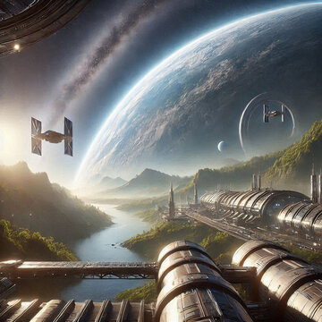  Futuristic space station orbiting a distant exoplanet with lush vegetation