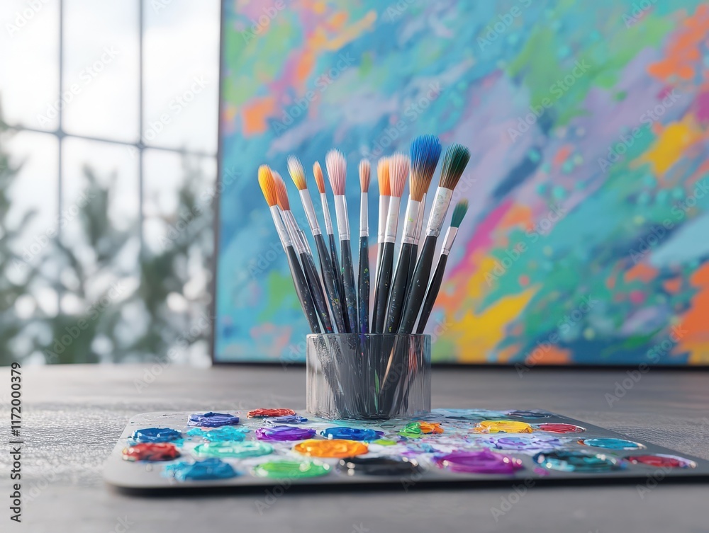 Aufkleber artistic composition featuring a vibrant palette and paintbrush on a rustic table evoking creativity