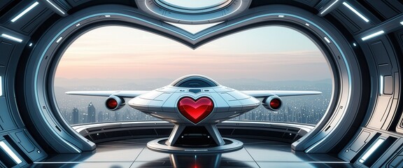 Fototapeta premium Futuristic spacecraft with heart symbol in modern hangar at sunset