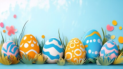 Painted Easter eggs paper cut out style lined up against a pastel wall for Easter themed advertisement background.