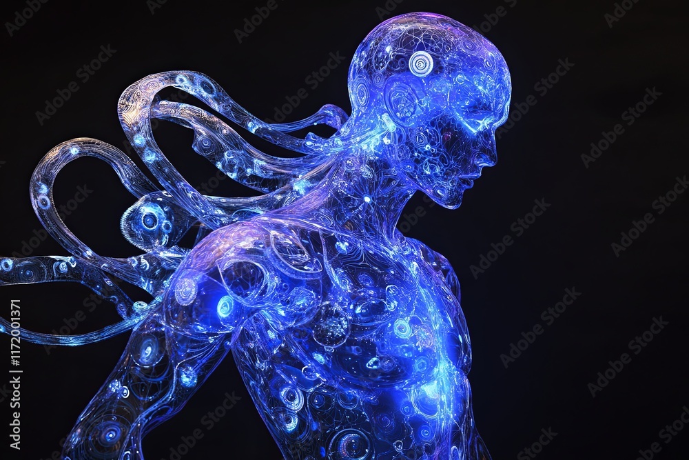 Poster digital human figure illuminated with blue lights showcases intricate patterns and flowing forms in 