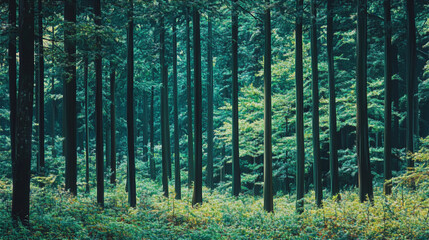 Fototapeta premium Lush green forest with tall trees and vibrant undergrowth during daylight hours