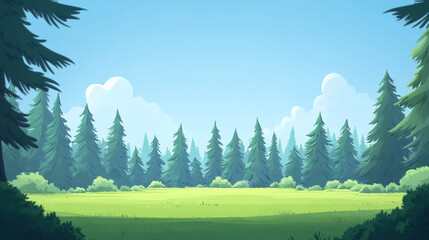 Fototapeta premium Serene meadow surrounded by tall pine trees under a bright blue sky