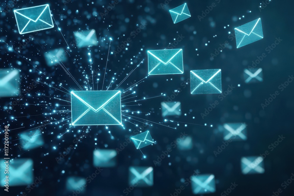 Poster Dynamic Blue Email Envelope Soaring Through Clear Sky Symbolizing Digital Communication and Connection in Modern Technology and Information Exchange Era