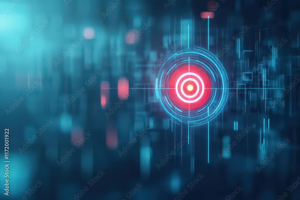 Poster vibrant red positioned centrally against a deep blue and black background evoking focus and precisio