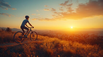 Naklejka premium Silhouette of cyclist enjoying sunset mountain bike ride.