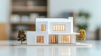 Modern Architectural Model of a White House with Large Windows and Natural Landscaping Elements on a Light Background
