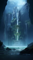 Detailed view of a large waterfall with strong watermarks, studio lighting setup, space in the center,generative ai illustration