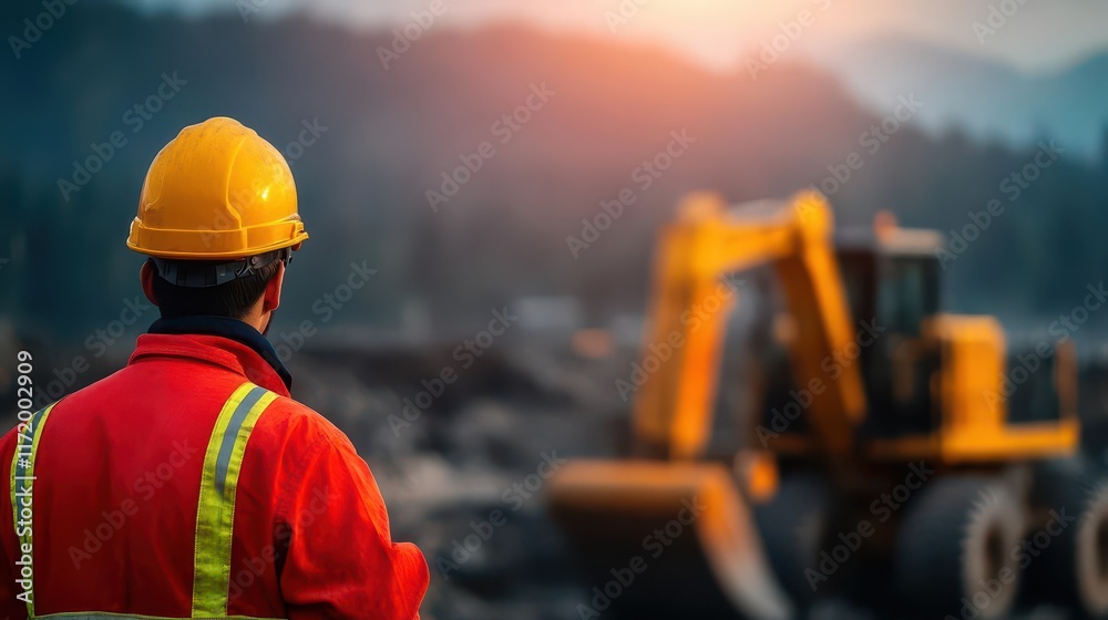 Poster focused construction worker observing dynamic construction site with heavy machinery and workers und