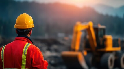 Focused Construction Worker Observing Dynamic Construction Site with Heavy Machinery and Workers Under Clear Blue Sky on a Productive Day of Labor