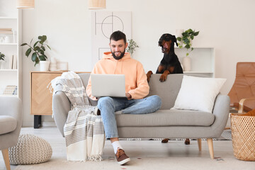 Young man with Dobermann dog using laptop on sofa at home