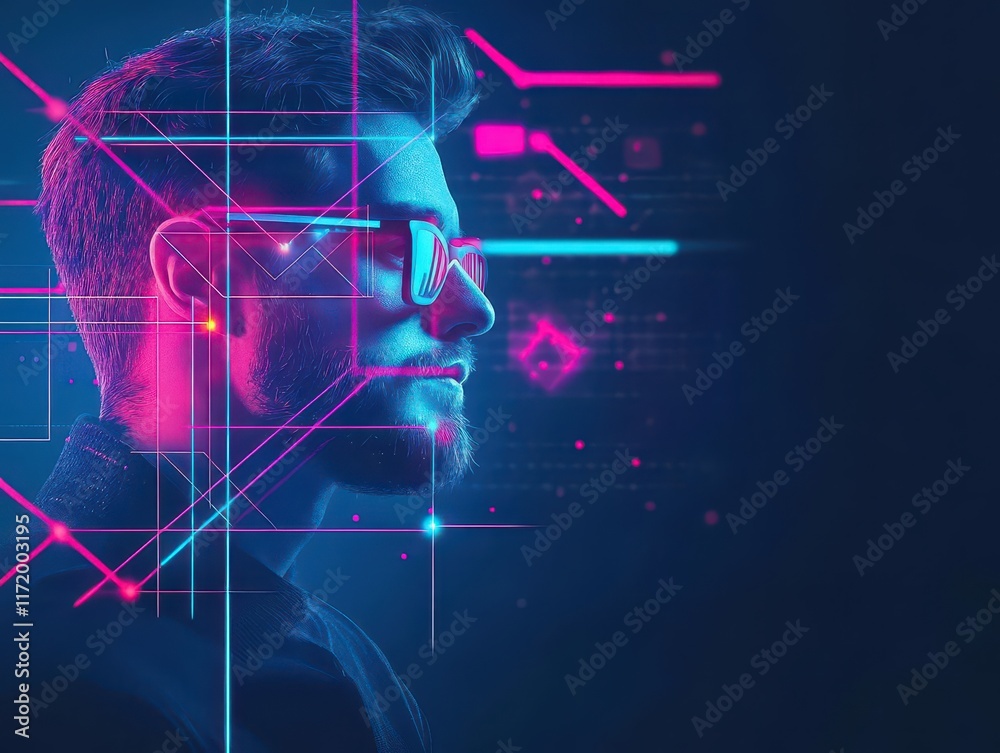 Poster futuristic set design intersected by neon lines close up bright gradients double exposure silhouette