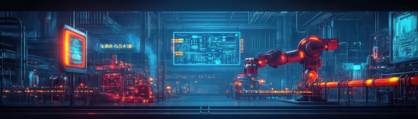 Obraz premium Futuristic fossil fuel factory, glowing pipelines, advanced robotic arms, hightech holographic displays, dark cinematic lighting, scifiinspired painting