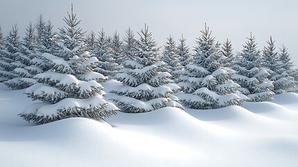 Obraz premium Snow-covered pine trees on a gently sloping hill in a winter landscape.