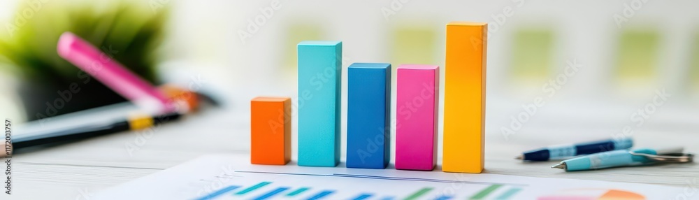 Aufkleber Vibrant and Informative Bar Chart Displayed on a Wooden Table Surrounded by a Notebook and Pen Illustrating Data Analysis and Business Strategy Concepts