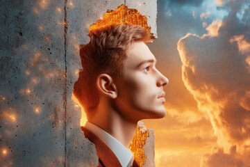 The 3D rendering algorithm utilizes binary data code to decrypt and encode a row matrix, creating a unique visualization of a man's head as a keyhole within a concrete blocks wall.