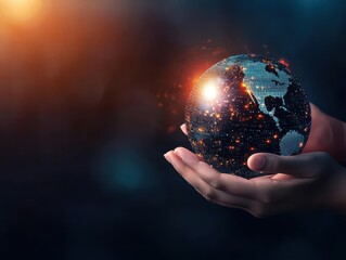 Hands holding a digital globe, global venture symbol, 3D illustration