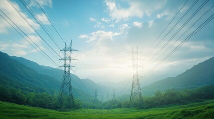 high voltage transmission lines crossing a lush green valley, close up, focus on, copy space, bright hues, double exposure silhouette with energy circulation