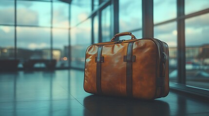 Brown suitcase near airport window.