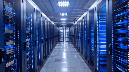 Modern server room corridor with bright blue LED lights illuminating rows of data racks, symmetrical perspective showcasing advanced networking equipment in pristine datacenter environment
