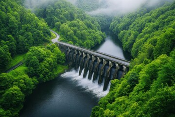 Fototapeta premium Hydroelectric dam with cascading water, surrounded by lush greenery, bright natural lighting, hyperrealistic photography