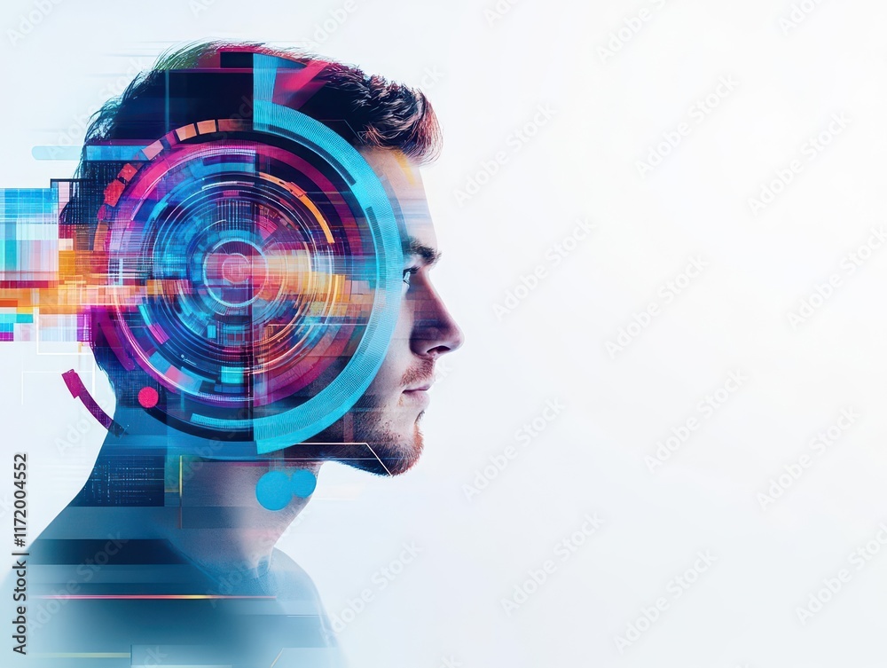 Poster Intricate set representation accented by overlapping circular lines copy space smooth gradients double exposure silhouette with geometric patterns