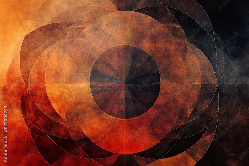 Poster abstract geometric patterns in warm tones create an intriguing visual experience with circular desig