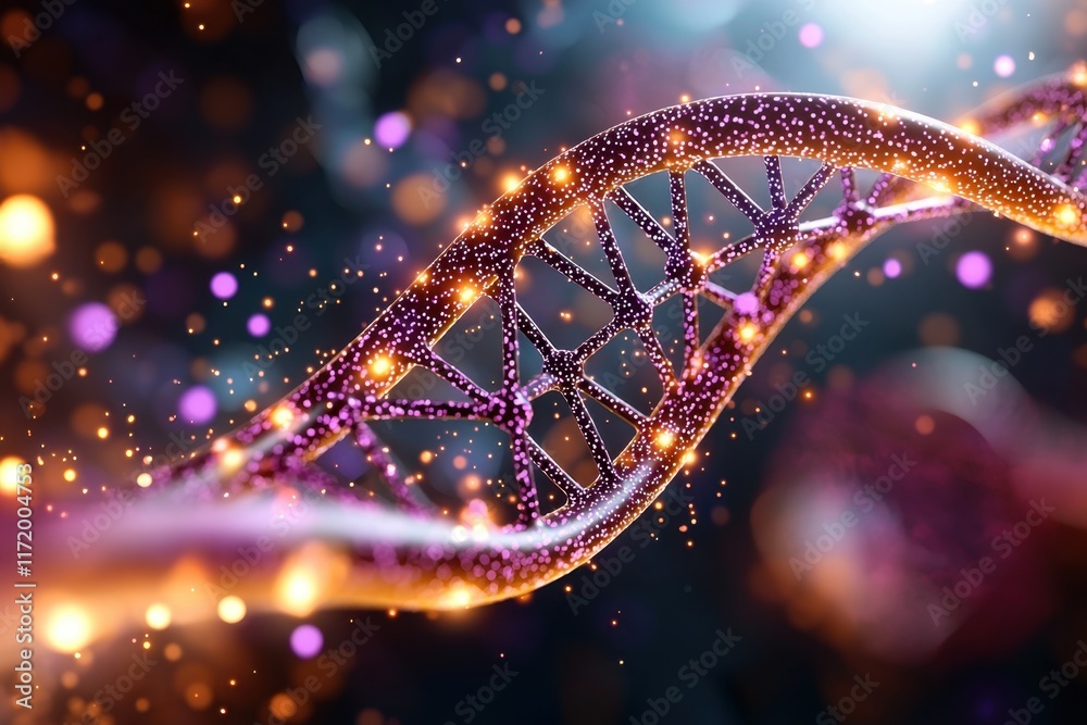 Fototapete a vibrant and intricate 3d rendering of a dna strand surrounded by glowing purple dots, symbolizing 