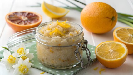 A glass jar of homemade body scrub (orange or lemon zest visible in the mixture), surrounded by sliced citrus fruits and a few fresh flowers like daffodils. The background is a bright, clean surface w
