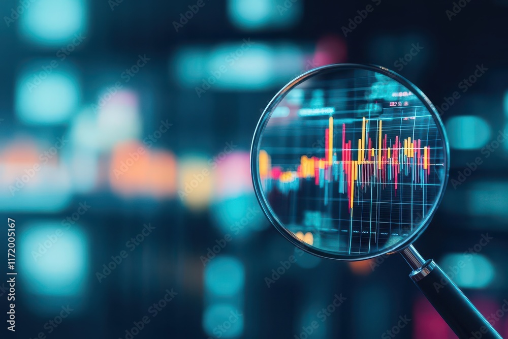 Poster Magnifying Glass Focusing on Detailed Financial Chart Illustrating Data Trends and Patterns in Business Analytics and Market Research Context