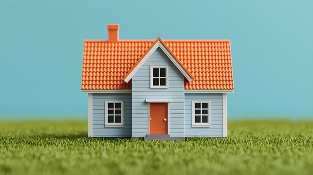 Charming miniature house with orange roof and blue exterior on green grass under blue sky