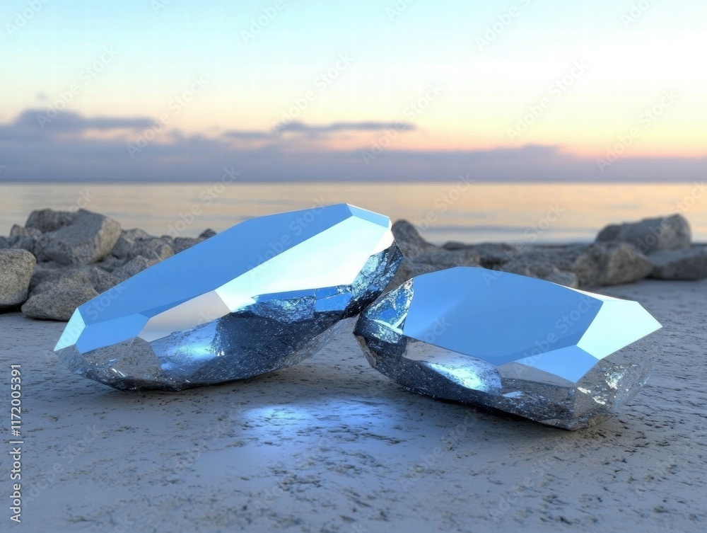 Poster two large, reflective crystals resting on a sandy shore with a serene ocean backdrop.