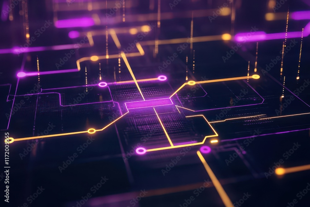 Poster Intricate Purple Circuitry Design Featuring Central Circuit Pattern in a Modern Technological Style Conveying Innovation and Futuristic Aesthetic Appeal