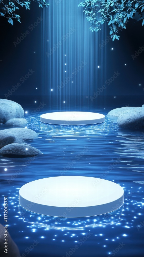 Poster a serene water scene with glowing platforms and soft light beams.