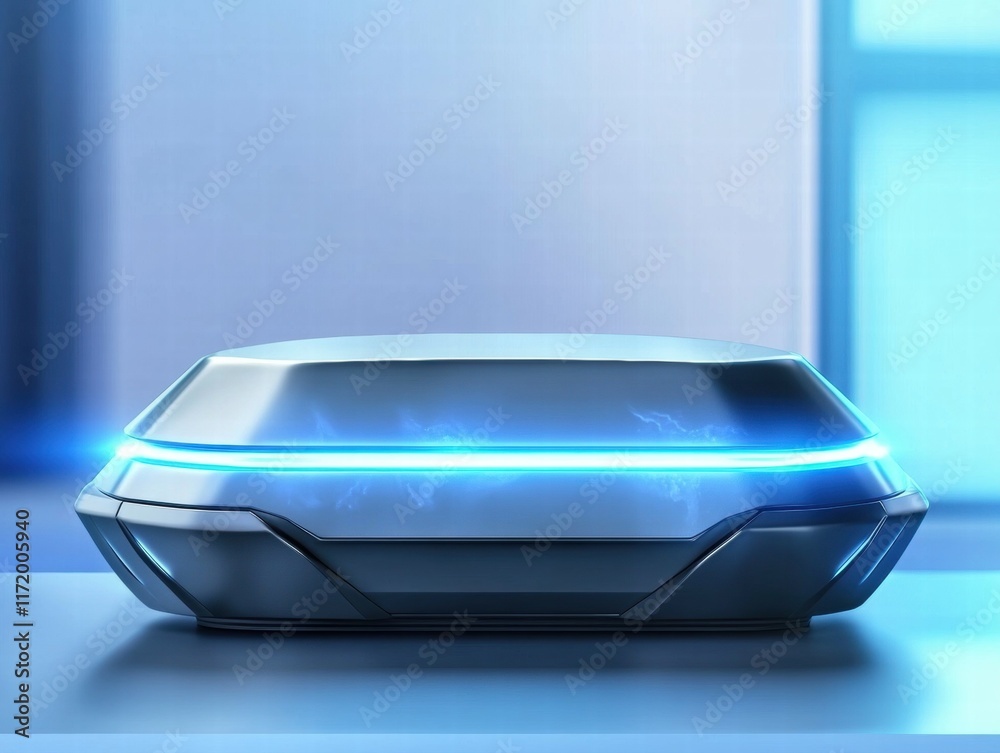 Poster a sleek, futuristic device with a glowing blue light on a smooth surface.