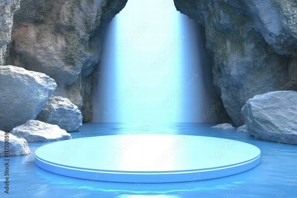 Poster a serene scene featuring a circular platform near a waterfall in a rocky cave.