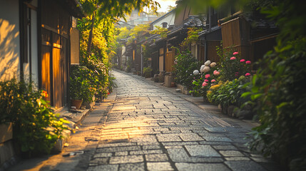 Obraz premium Serene cobblestone alley lined with greenery and blooming flowers in a quaint town setting