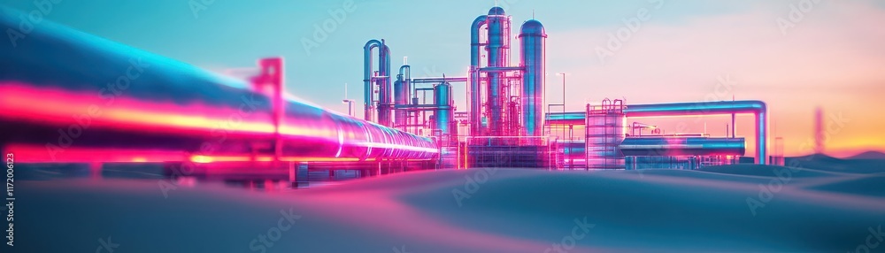 Poster industrial factory scene with a train passing by under clear blue sky highlighting the dynamic inter