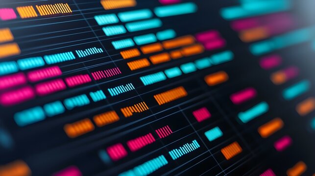 Abstract digital data visualization with colorful lines and bars on a dark background for technology and analysis concepts