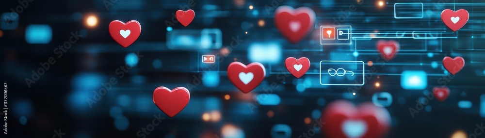 Poster online dating app interface, hearts and matching icons floating in cyberspace, 3d illustration