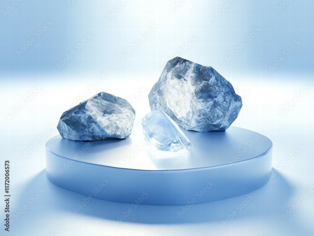 Aufkleber three rocks, including a clear crystal, displayed on a circular platform with a soft blue backdrop.