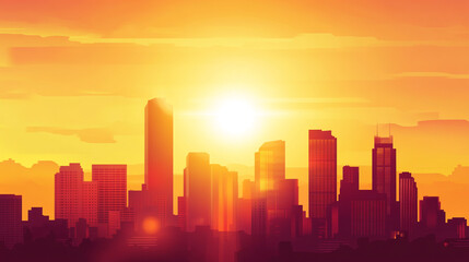 Fototapeta premium Silhouette of urban skyline during vibrant sunset over city