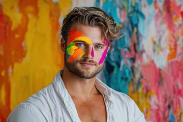 The portrait features a stylish man with vibrant fluo painting covering his face, creating a bold and eye catching look