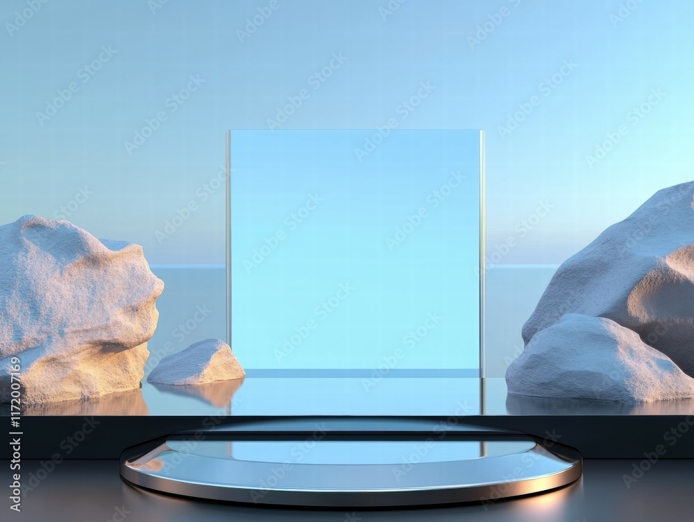 Fototapete a minimalist scene featuring a clear panel surrounded by smooth rocks and a serene background.