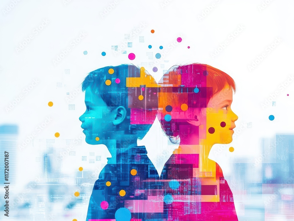 Poster playful set design bordered by whimsical lines focus on cheerful hues double exposure silhouette wit