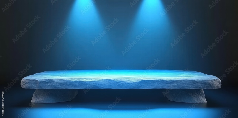 Poster a minimalist display platform illuminated by blue lights, suggesting a showcase or presentation.