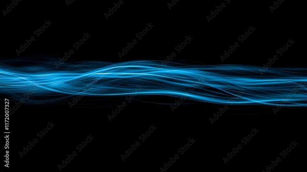 Poster dynamic blue wave patterns on a black background creating a sense of movement and energy