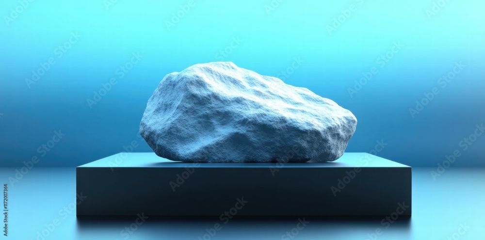 Poster a textured rock displayed on a pedestal against a blue gradient background.