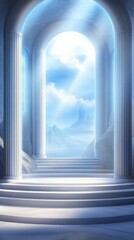 A serene, ethereal passageway with columns leading to a bright, cloudy landscape.