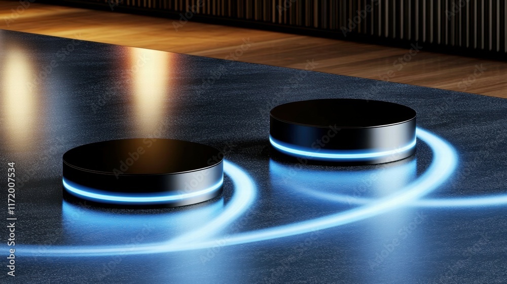 Poster two sleek, circular devices with glowing edges on a reflective surface, suggesting technology use.